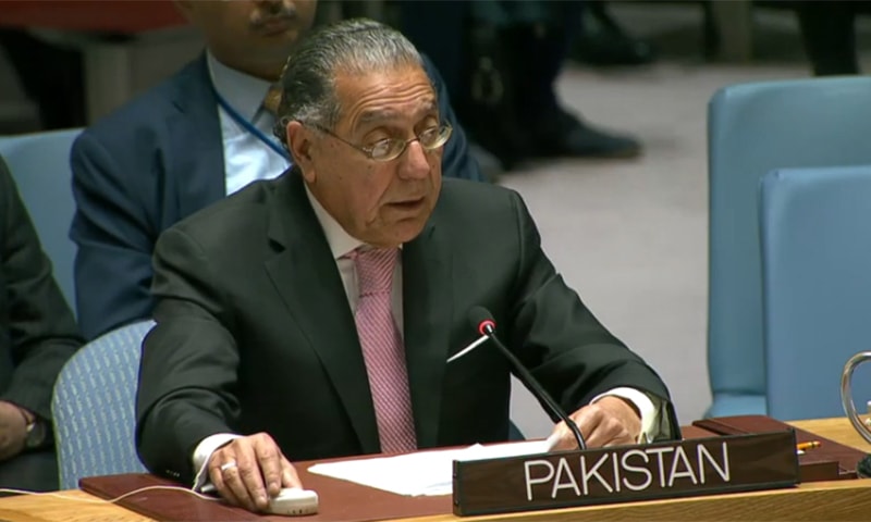 Pakistan's ambassador to the United Nations addresses the UNSC on Indus Waters Treaty issue.