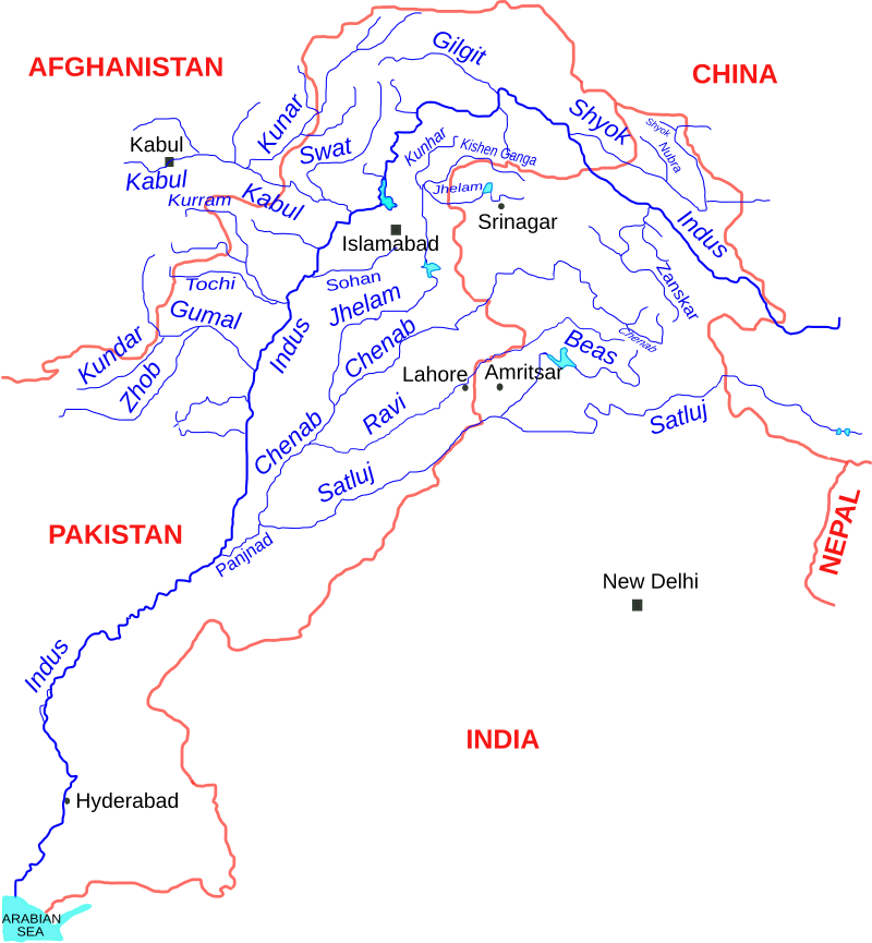 Indus river and tributaries as mentioned in the Indus Waters Treaty.