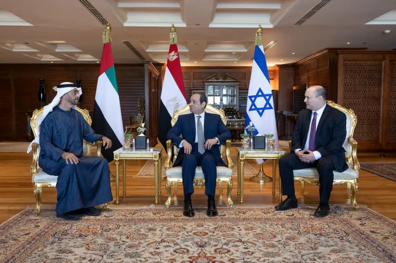 Egyptian President Abdel Fattah el-Sisi with Abu Dhabi Crown Prince Sheikh Mohammed bin Zayed Al Nahyan and Israeli Prime Minister Naftali Bennett