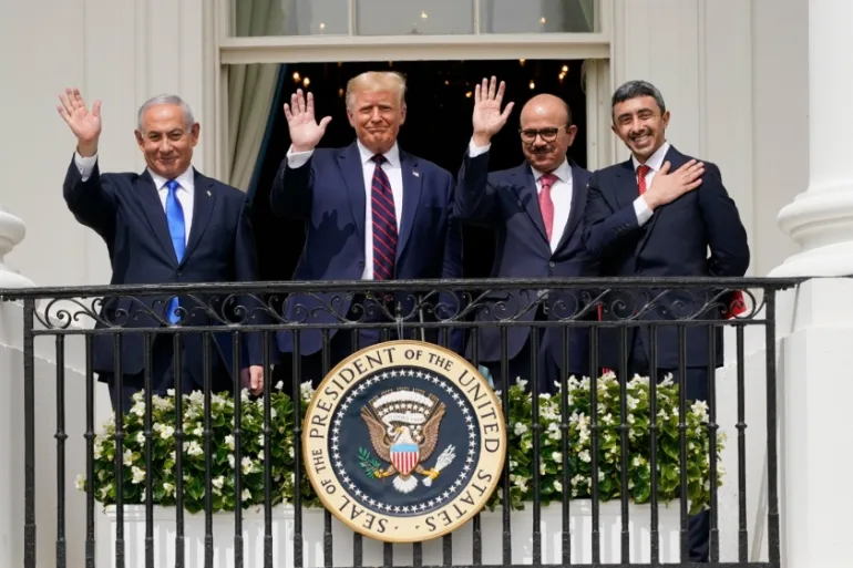 From left, Israeli PM Benjamin Netanyahu, US President Donald Trump, Bahrain Foreign Minister Khalid bin Ahmed Al Khalifa and UAE Foreign Minister Abdullah bin Zayed Al Nahyan on the Blue Room Balcony during the Abraham Accords signing ceremony on the South Lawn of the White House, September 15, 2020, in Washington, DC.