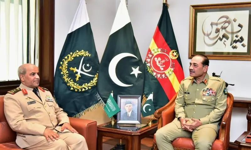 Chief of the Defence Staff Field Marshal Asim Munir (right) meets Royal Saudi Land Forces Commander Lieutenant General Fahad Bin Saud Al-Johani at GHQ on December 3, 2025.