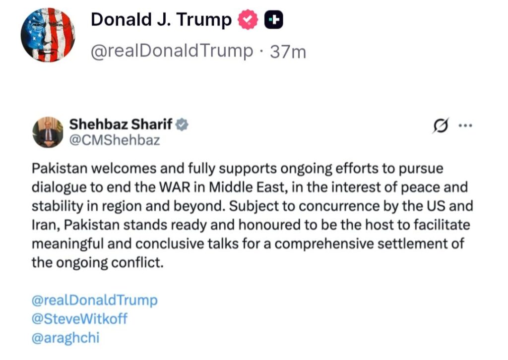 U.S. President Donald Trump reposts the statement of Pakistan Prime Minister Shehbaz Sharif on the U.S.-Israel war on Iran.