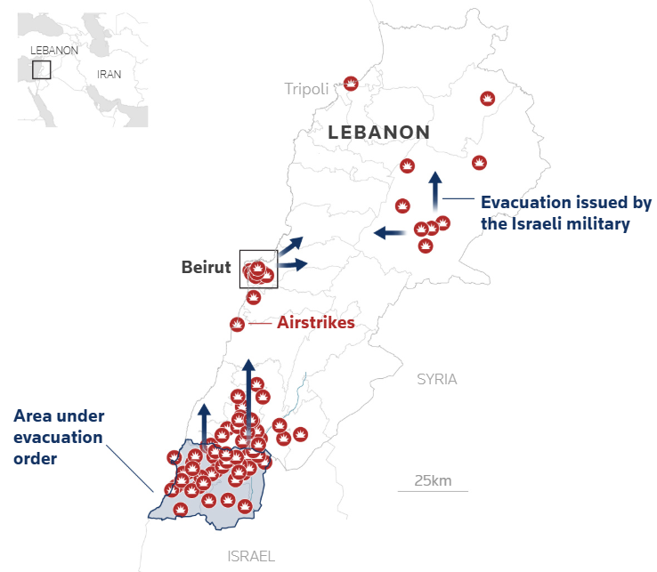 Israel orders mass evacuations in Lebanon, bombards Beirut.
