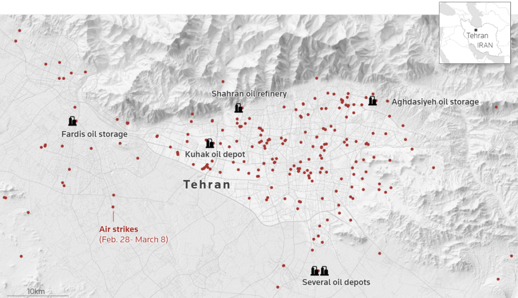 Refineries and oil storage sites attacked during the U.S.-Israel war on Iran.